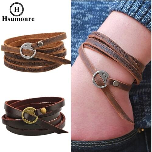 Women Multilayer Wrap Bracelets 5 Laps Retro Genuine Leather Letter Engraved Bracelet Brown Handmade Wristband Also can be Belt