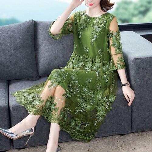 Summer 2021 Ne Women Clothes Half Sleeve A Line Embroidery Green Orange Dress , Woman 4xl 5xl Mesh Dresses