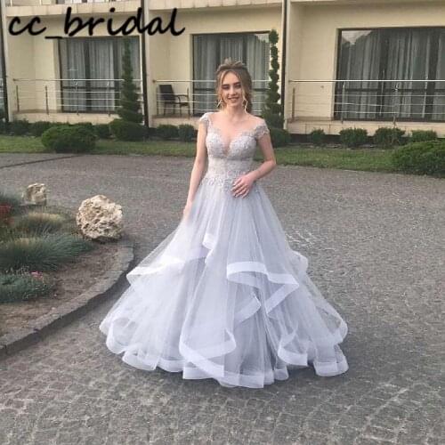 Illusion Scoop Neck Prom Dresses Long 2020 Luxury Applique Lace rochii Evening Dress For Women Puffy A-line vestido gala