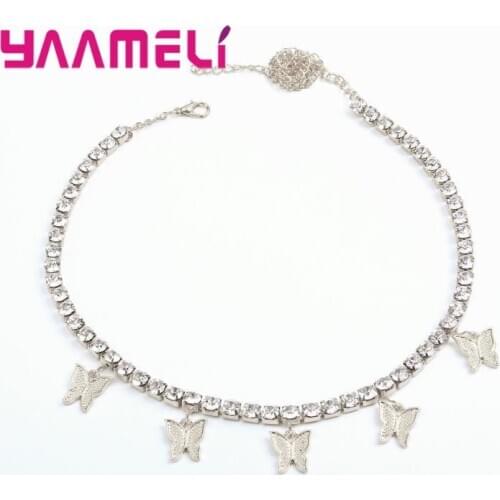 Punk Vintage 925 Sterling Silver Choker Necklace for Women Shining Rhinestone Butterfly Pendant Necklace Jewelry Gift