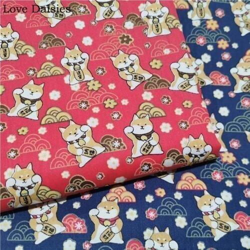100% Cotton Twill Japanese Style BLUE RED Shiba Inu Dog Flower Fabrics For Doll Apparel Craft Cushion Patchwork