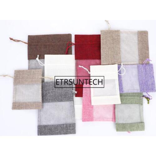 200pcs Clear Window Jute Gift Bag Burlap Party Favor Sack Bag Linen Drawstring Pouch Organza Jewelry Gift Candy Bag