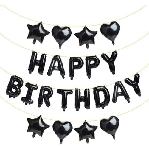 Happy Birthday Aluminum Black Foil Letters Balloons 16 Inch Aluminum Foil star and heart Banner Balloons Party Decorations