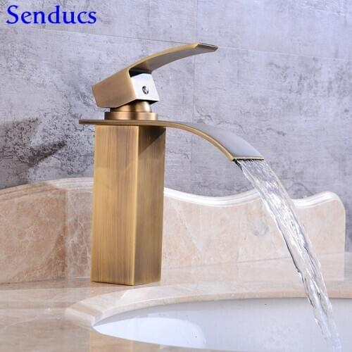 Senducs Square Antique Bathroom Mixer Tap Single Handle Hot Cold Basin Water Tap Deck Mount Brass Antique Bathroom Basin Faucet