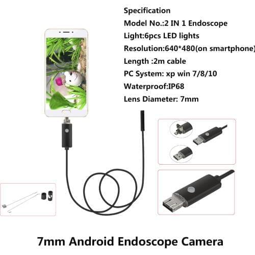 Mini 2in1 USB Android 7mm HD 640*480 Dia 2m Length Endoscope HD Inspection Snake Camera Waterproof Snake Pipe Borescope Cam