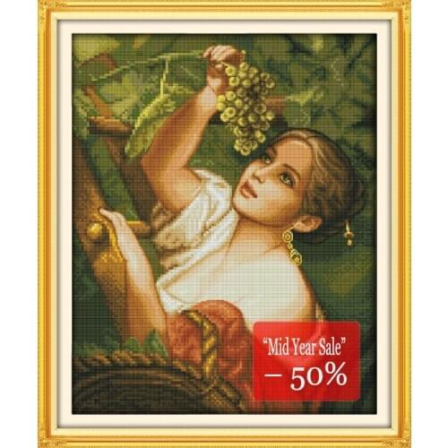 The plucking grapes girl Cross Stitch Kits Embroidery Needlework Kit Childrens day gift Printed Canvas printed Cross-stitch set