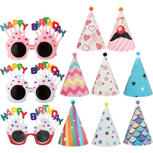 Party Hats And Glasses Set, Cake Cone Birthday Paper Hats With Pom Poms, Novelty Party Glasses-ABUX