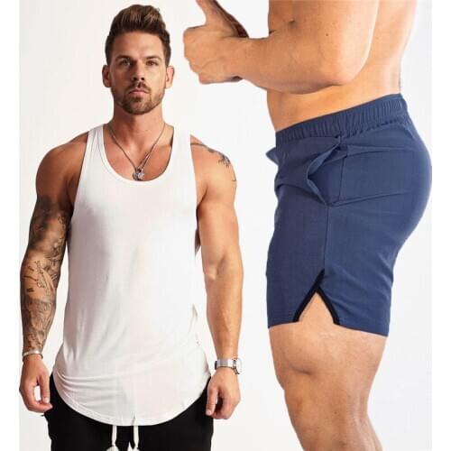 New Arrival Summer Mens Gym Clothing Suit Fitness Clothing Stringer Vest +Mens Sweatpants Casual Breathable Shorts Mens Sets