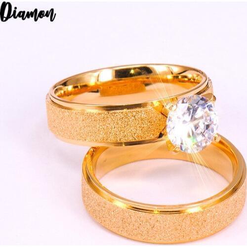 Diamon Romantic Gold Titanium Steel Couple Ring Simple Crystal Polished 8MM Scrub Engagement Wedding Finger Ring For Lovers