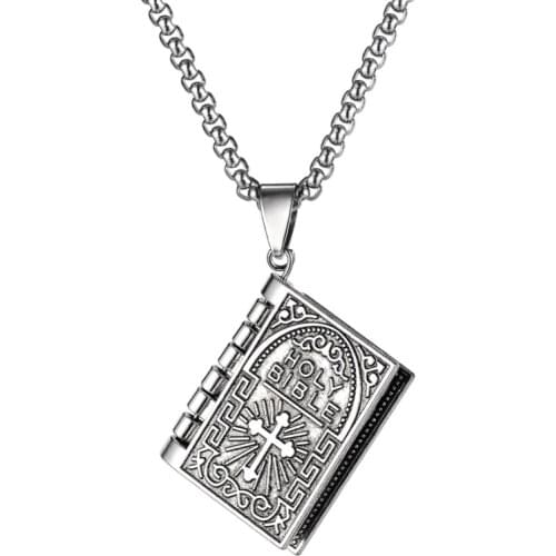 FAMI NECKLACES MAN Creative Personality Fashion Bible Book Pendant European and American Trend Retro Cross Necklace Male