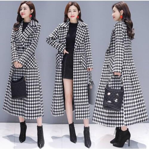 M-4XL Plus Size 2021 Fashion Elegant Long Plaid Coat Autumn Winter Female Thicken The Knee Lattice Women Jacket Woolen Wool Coat