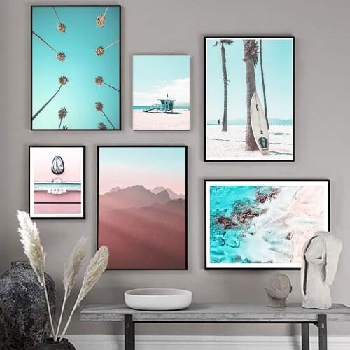 Pink Beach Moutain Palm Tree Surfboard Wall Art Canvas Painting Nordic Posters And Prints Wall Pictures For Living Room Decor