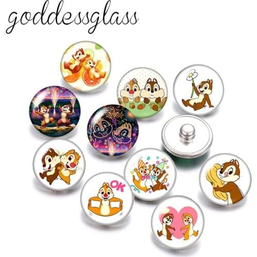 Disney Chip 'n' Dale Rescue Rangers Cute 10pcs Round photo glass 18mm snap buttons for 18mm snap bracelets jewelry wholesale