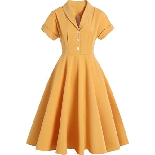 2021 Turn Down Collar Button Up Yellow Elegant Office Women Summer Dress Solid Color 1950S Vintage Style Ladies Midi Dresses