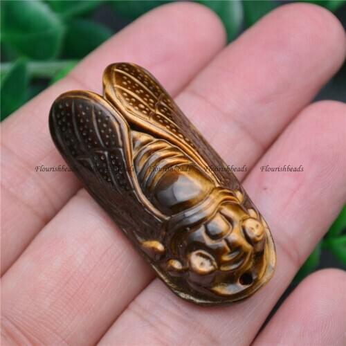 1pc Handmade Natural Good Quality Tiger Eye Carved Insect Cicada Shape Gemstone Pendant Jewelry Fits Necklace Making