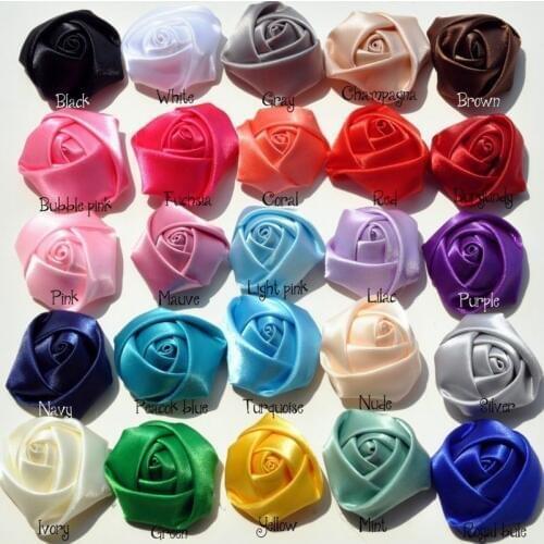 120pcs/lot) 25 Colors Flat Back Mini Satin Ribbon Rose Flower Accessories Handmade Rolled Rosettes For Hair Clip Or Headband