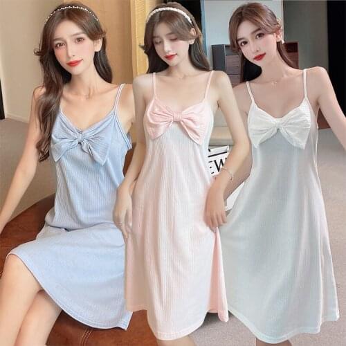 2021 Summer Cotton Cute Bow Spaghetti Strap Nightgowns for Women Sexy Lingerie Sleepwear Nightdress Night Gown Home Dress Nighty