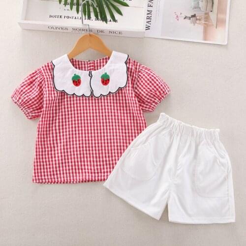 2021 new summer Korean girls lovely lace collar 2-piece childrens cotton short sleeve suit baby girl suit