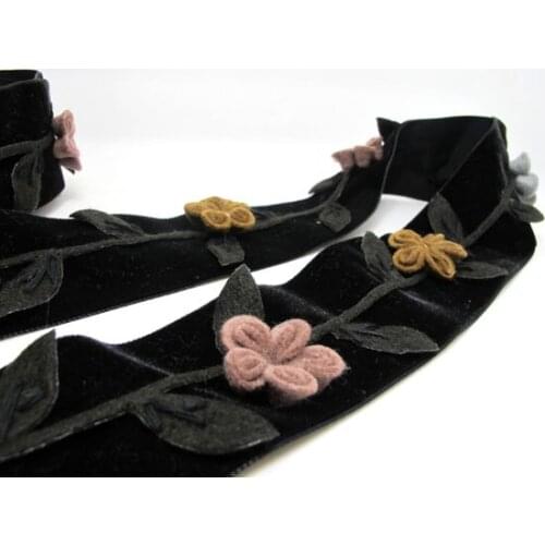 2 Inches Purple Felt Flower Velvet Trim|Embroidered Floral Ribbon|Clothing Belt|Vintage Costume|Sewing Supplies