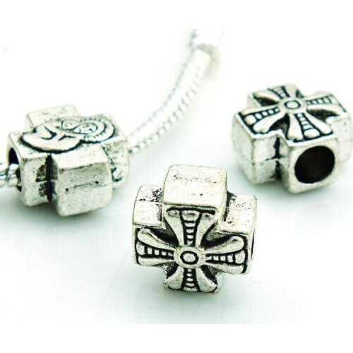 JINGLANG Free Shipping Fashion Plates Vintage Silver Big Hole Metal Cross Beads DIY Bracelets Accessories Jewelry