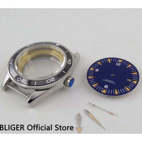 41MM Stainless Steel Black Ceramic Bezel Watch Case+Blue Dial+Luminous Pointer Fit For ETA 2836 Automatic Movement
