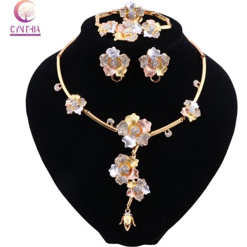 CYNTHIA Luxury Dubai Jewelry Sets Crystal Necklace Gold Ring Earrings Bracelet for Women Bridal Jewelry Set Accessories Gifts