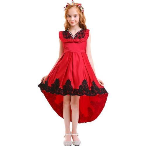 Elegant Kids Dress for Girls Red Lace High Low Trailing Long Princess Dress for Photo Shoot Girls Birthday Kids Dresses for Girl