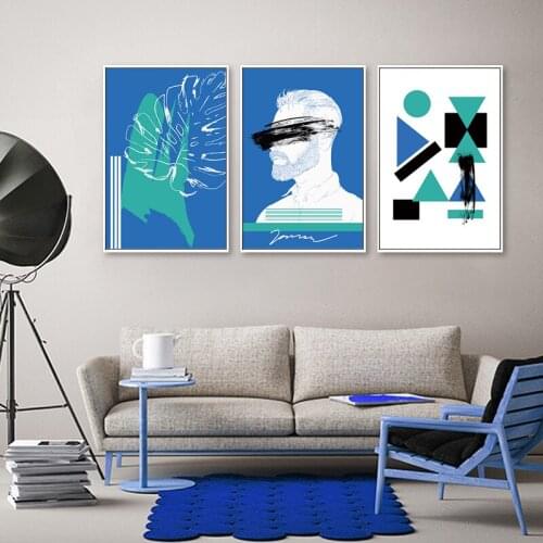 Geometric Abstract Wall Art Poster Blue Hand Painted Fashion Retro Canvas Painting Minimalist Picture for Living Room Home Decor