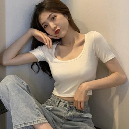 Women Crop Top Kawaii T-shirt Short Sleeve Square Neck Ladies Shirt Solid Color Women Clothing Sweet Casual Wear
