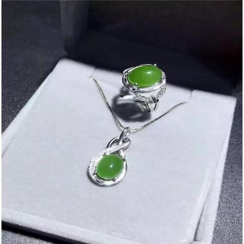 High grade 925 silver inlaid natural spinach green jasper set genuine genuine Hetian jade pendant