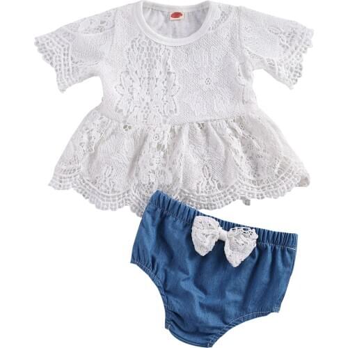 0-24M Sweet Toddler Baby Girls Casual Clothes Sets Summer Round Neck Flower Lace Babydoll White Tops+Bow Short Pant Outfits
