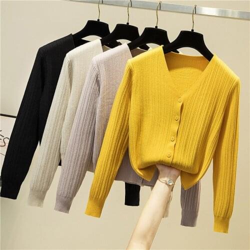 New Spring Autumn Sweater Women Fashion V Neck Solid Color Cardigan Lady Sweaters Computer Knitted Slim Yellow Female Sweater