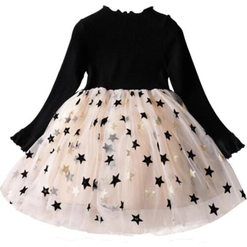 Autumn And Winter Knitted Chiffon Girls Dress Sky Star Gauze Skirt Dress Long-Sleeved Childrens Clothing Girls Dress Clothing