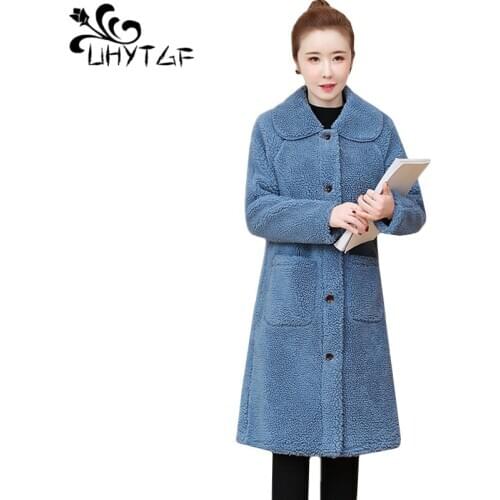 UHYTGF Women winter coats Quality sheep shearing fur jacket lambswool elegant female plus size coat casual warm long fur coat586
