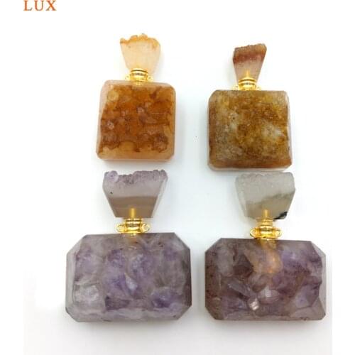 Natural citrines druzy Perfume Bottle gems stone Essential Oil Diffuser amethysts druzy Pendants charm connector for necklace