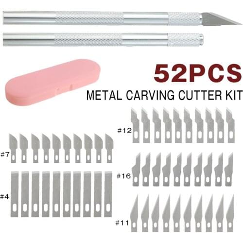 52pcs Small Carving Craft Cutter Blades Kit for DIY Wood Paper Cutting Tool Aluminum Alloy Non-slip Knife Pastry Cake Tools