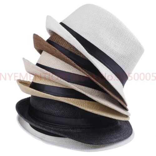 Fashion Hats for Women Fedora Trilby Gangster Cap Summer Beach Sun Straw Panama Hat with Ribbow Band Sunhat 10pcs