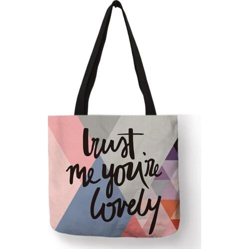 Premium Pink Blue Abstract Geometric Pattern Tote Bag for Girls Letter Printed Unique Design Handbag Artistic Fashion Accessory