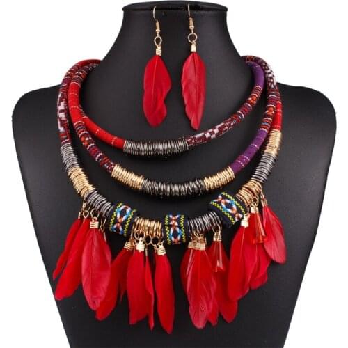 Wedding Accessories Bride Jewelry Sets Multi Layer Rope Chain Feather Tassel Necklace Dangle Earrings Sets Jewelry for Women
