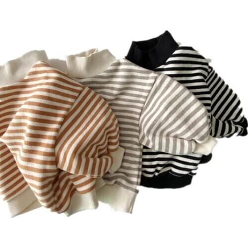 0-36M Baby Girls Boys Warm Sweater Shirt Striped High Collar Cotton Fleece Winter T Shirt Outwear Korea Styles Toddler Clothing