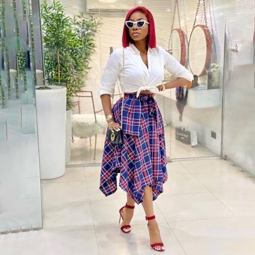 Summer Womens High Waist Irregular A Line Skirt Harajuku Blue and Red Plaid Stitching Street Girl Basic Long Skirt Plus Size