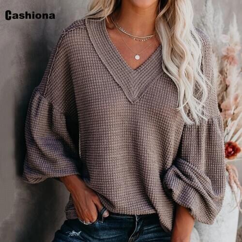 Women Elegant Leisure Casual Knitted T-shirt Model Coffee Gray Sexy V-neck Loose Womens Top 2021 Spring Autumn Tees shirt Femme
