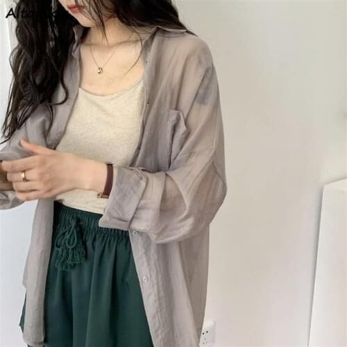 Plus Size Shirts Women Fashion Elegant All-match Summer New Sun-proof Female Korean Style See Through Single Breasted Baggy Pure