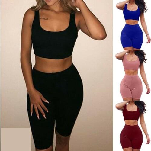 Women 2 Piece Set Crop Top&Shorts Bodycon Outfits Sport Workout Tracksuit 2019 Sexy Summer Slim Beach Party Club Clothing