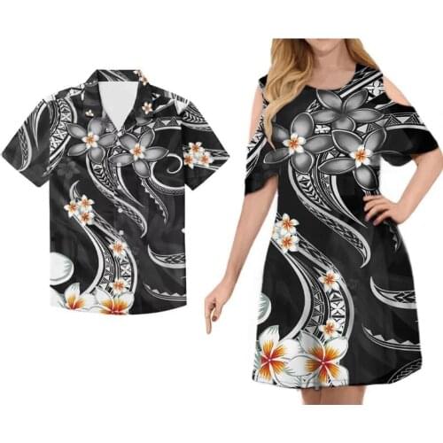 HYCOOL Polynesian Tribal Design Samoa Dress Summer Couple Clothing Women Cold Shoulder Short Sleeves Dress Match 5XL Men Shirts