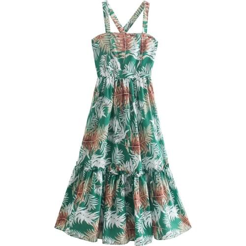 Women Bohemian Graffiti Print Ruffles Trim Midi Dress Za Fashion 2021 Spring Cami Backless Dresses Female Cross Mujer Vestidos