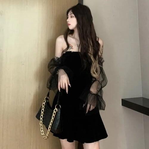 Lady Mesh Splice Flare Sleeve Strapless Dresses Party Empire Streetwear Women Black Gothic Elegant Velvet Mini Dress 2021 Summer