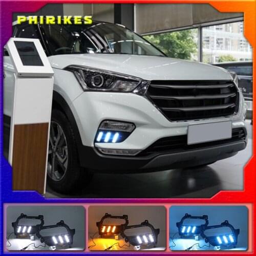 1Pair For Hyundai Creta IX25 2017 2018 2019 2020 DRL LED Daytime Running Light Fog Lamp With Yellow Turn Signal Lamp