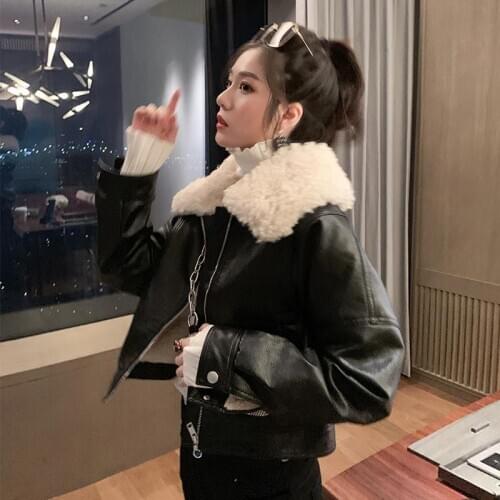 Women Winter Warm Faux Leather Jackets With Fur Collar Lady Black Motorcycle Biker Short Outerwear Coats Leather Jacket