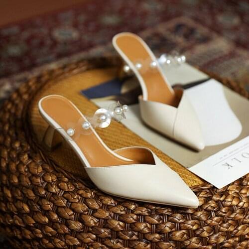 2021 Summer Newly Two Types Of Uppers Pearl Pointed High Heel Female Slippers Fine-fitting Baotou Sandals Half Slippers Women